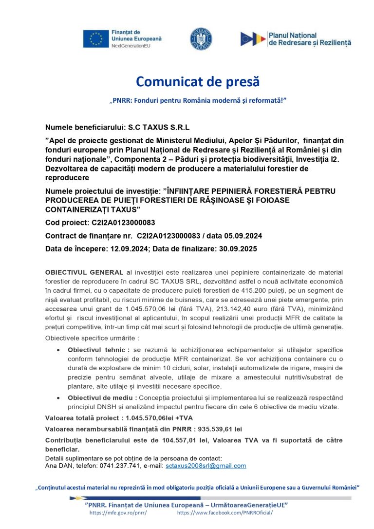 Comunicat de presă TAXUS SRL