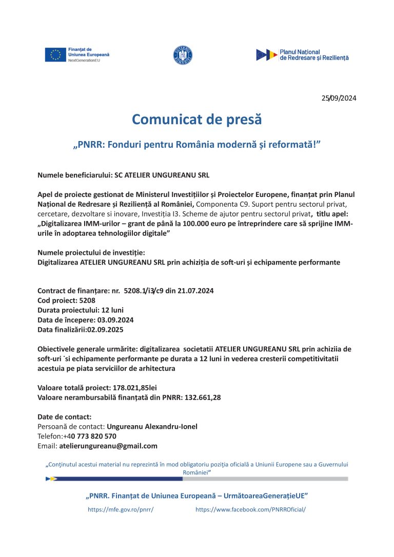 Comunicat de presă SC ATELIER UNGUREANU SRL