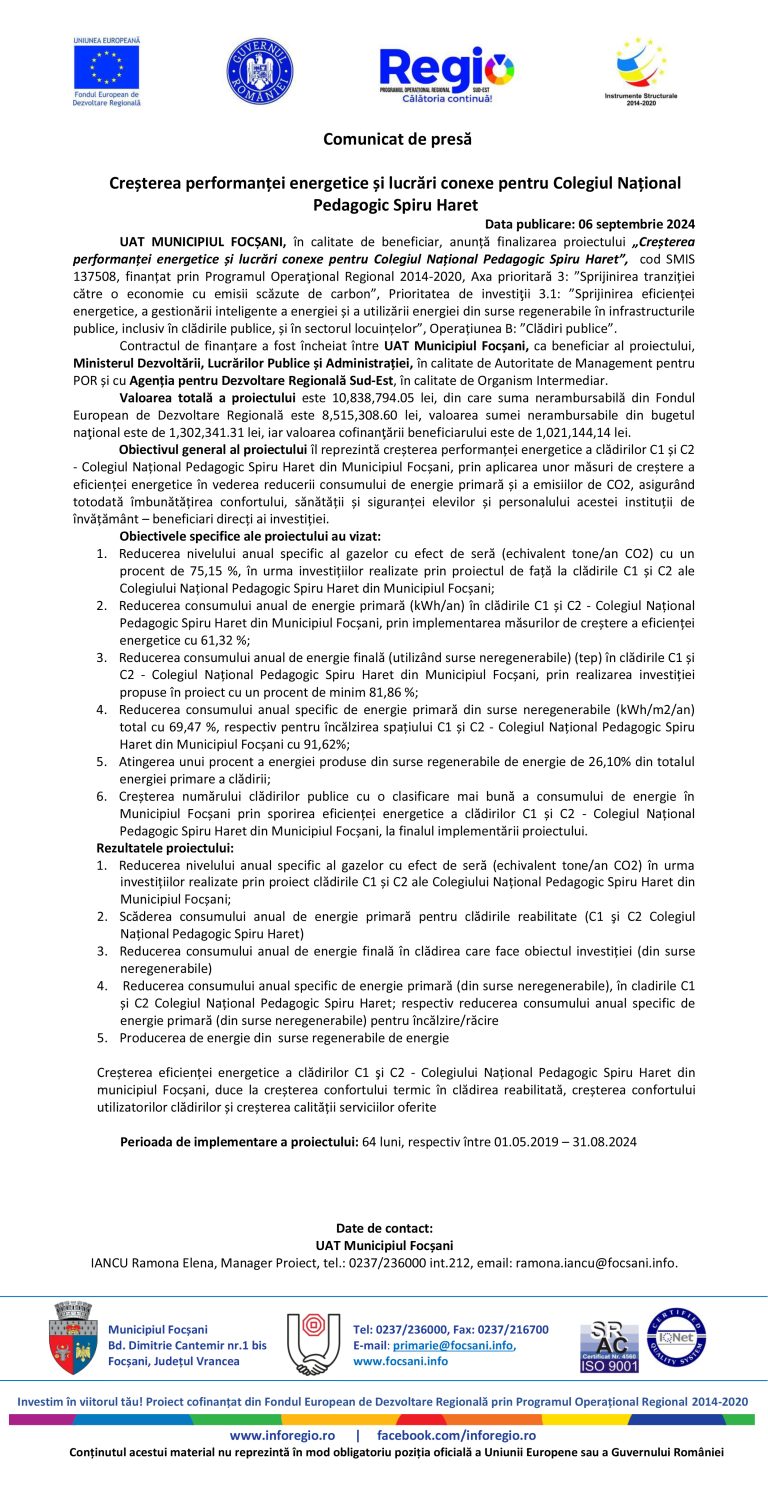 Comunicat de presă UAT MUNICIPIUL FOCȘANI
