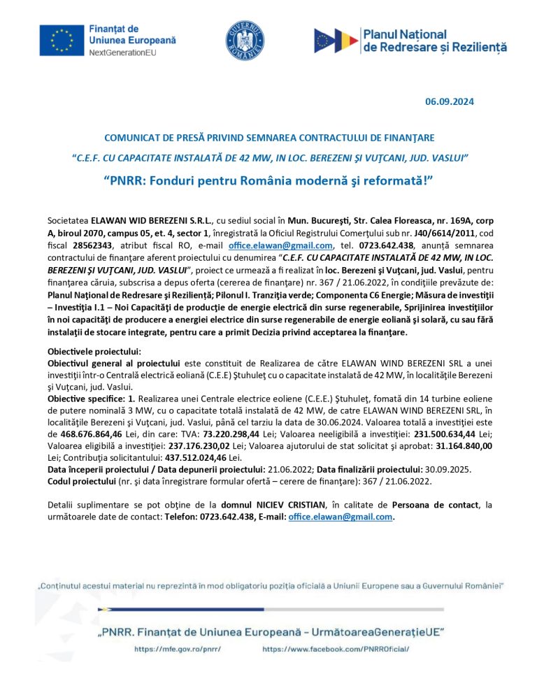 Comunicat de presă ELAWAN WIND BEREZENI S.R.L.