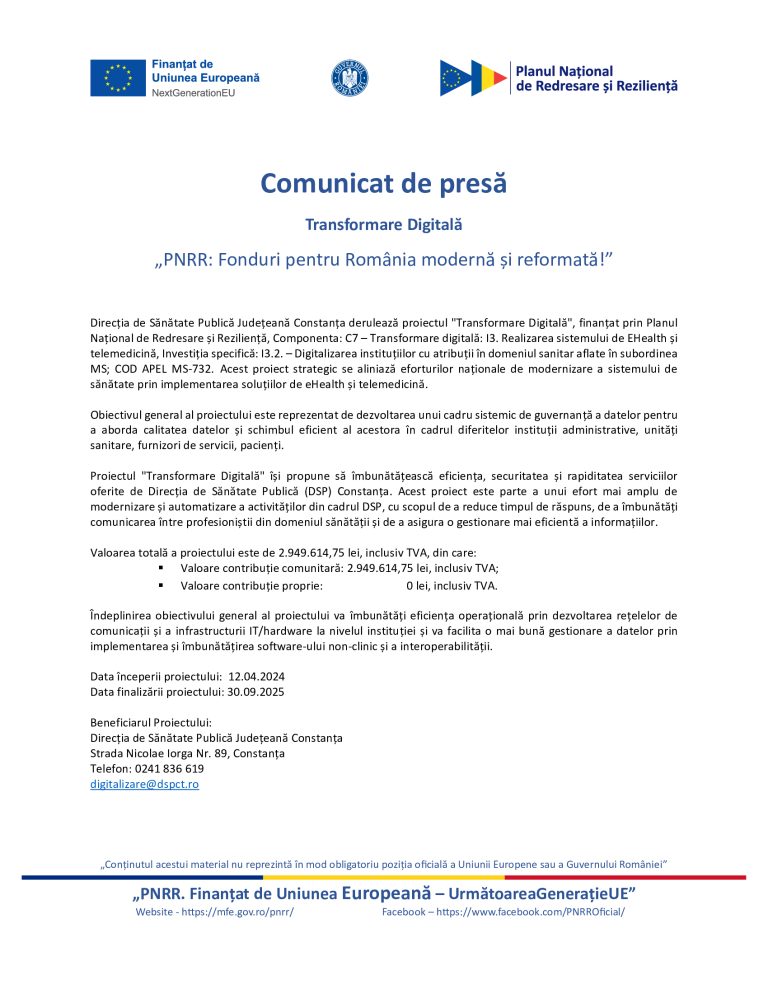 Comunicat de presă Direcția de Sănătate Publică Județeană Constanța
