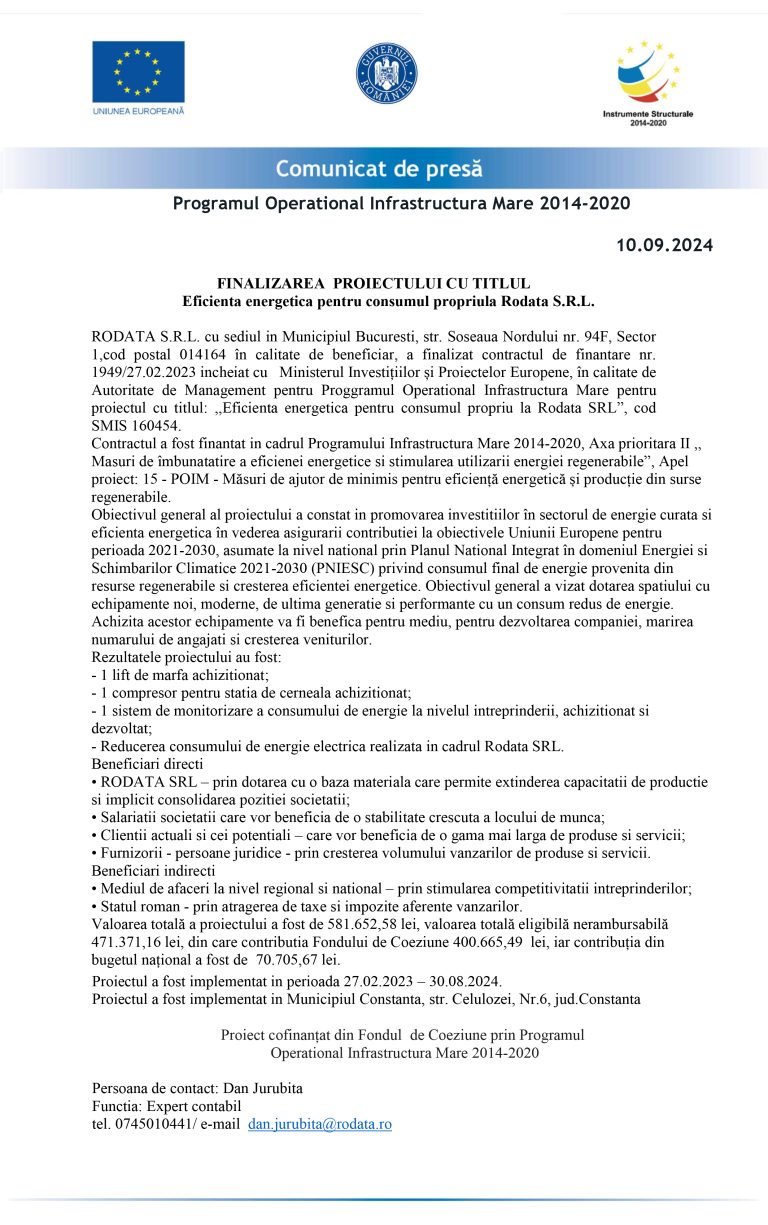 Comunicat de presă RODATA S.R.L.