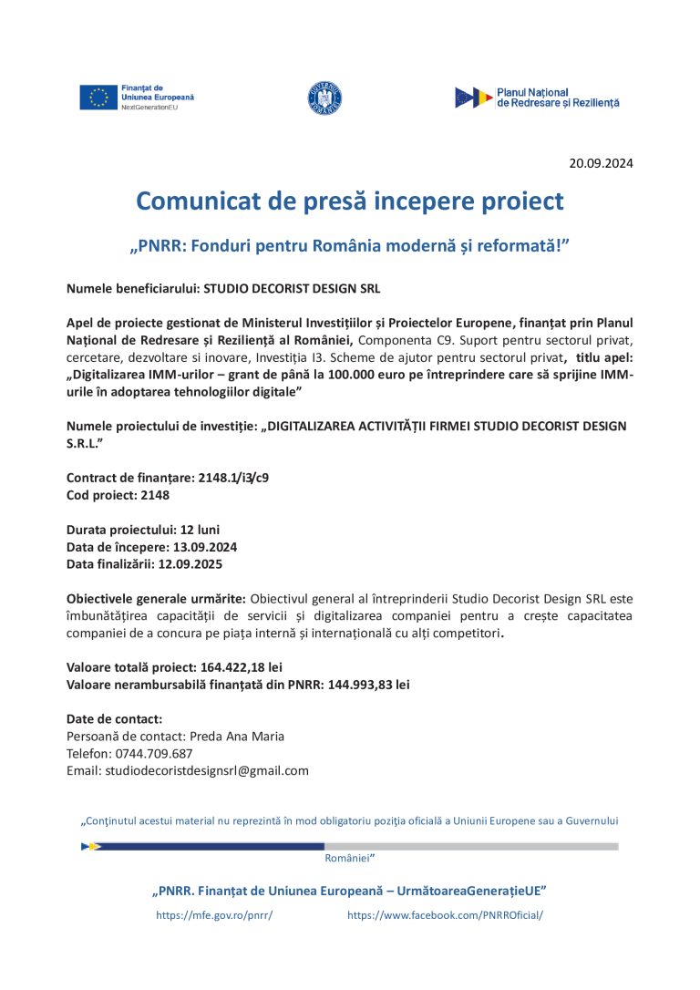 Comunicat de presă Studio Decorist Design SRL