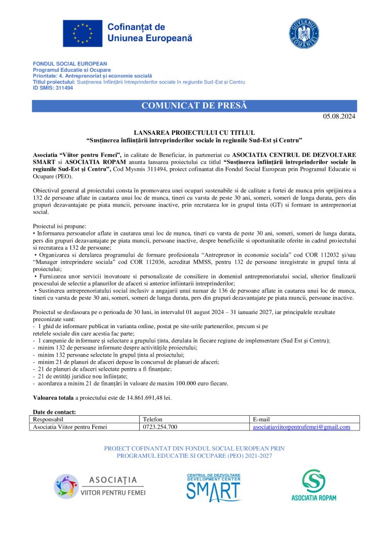 Comunicat de presă Asociația Viitor pentru Femei