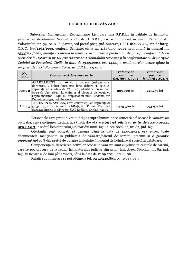 Anunț de presă Normatos Construct SRL