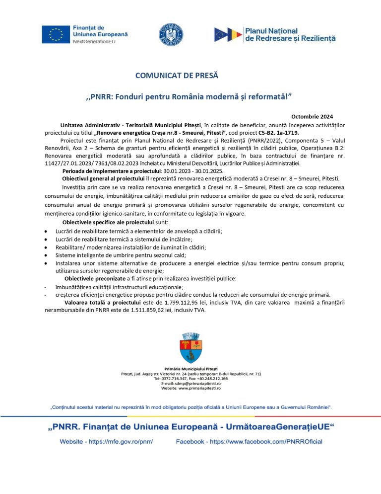 Comunicat de presă Unitatea Administrativ – Teritorială Municipiul Pitești