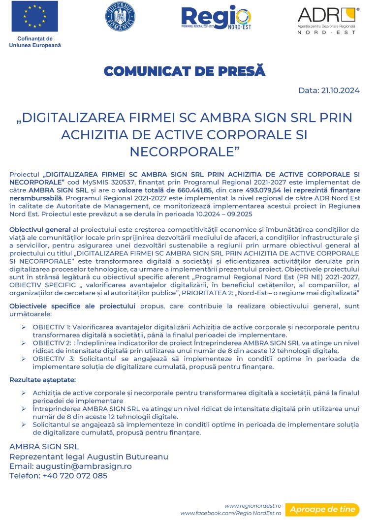 Comunicat de presă AMBRA SIGN SRL