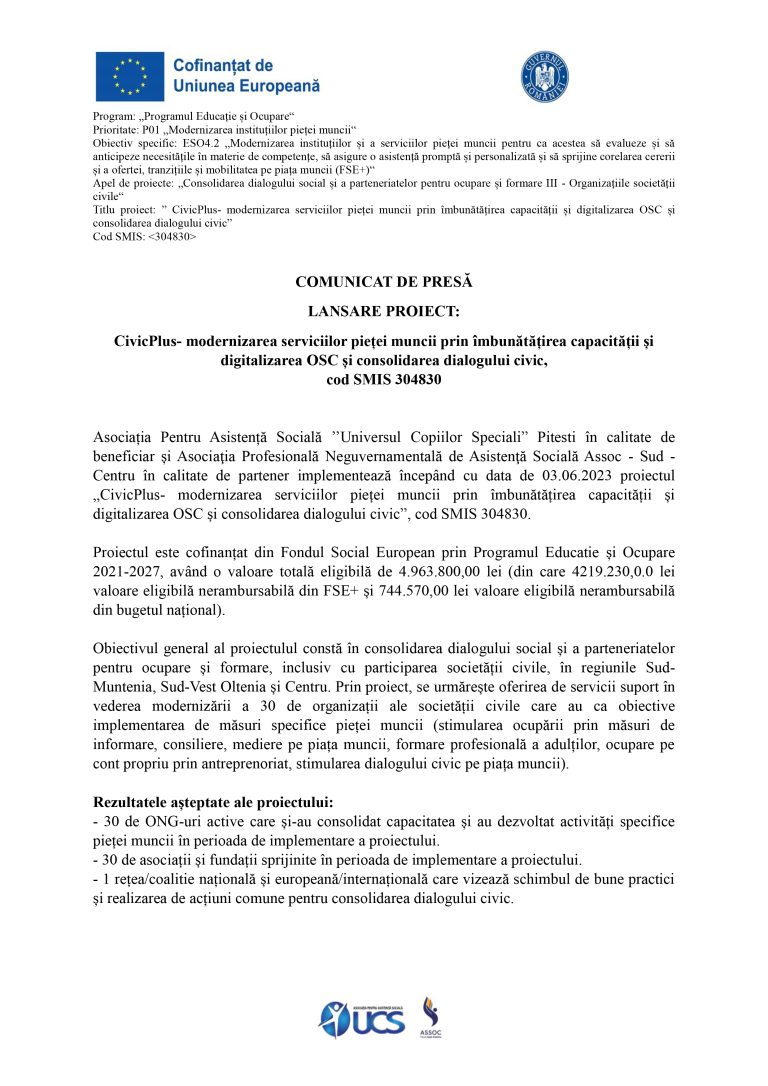 Comunicat de presă Asociaţia Profesională Neguvernamentală de Asistenţă Socială Assoc – Sud – Centru