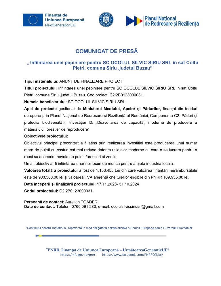 Comunicat de presă SC OCOLUL SILVIC SIRIU SRL