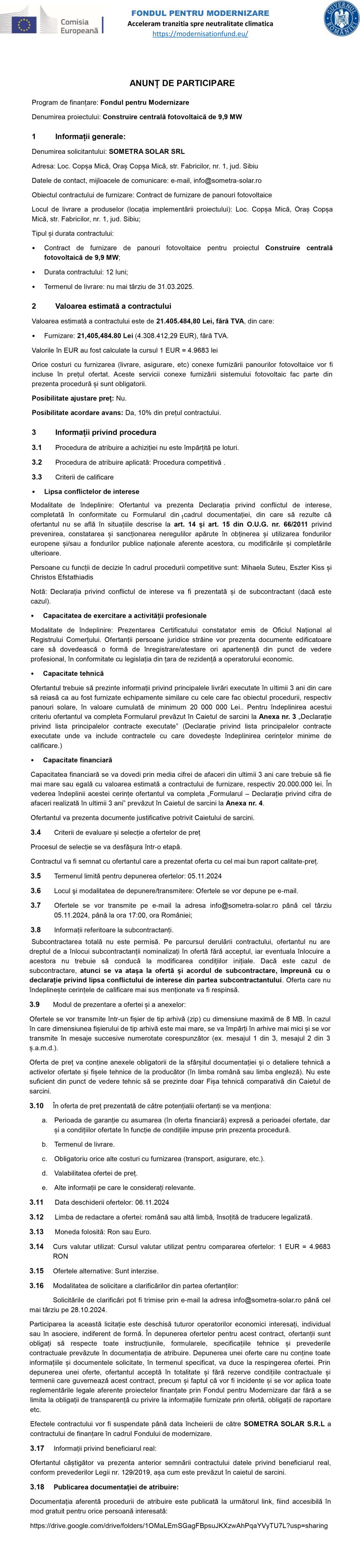 Comunicat de presă SOMETRA SOLAR SRL