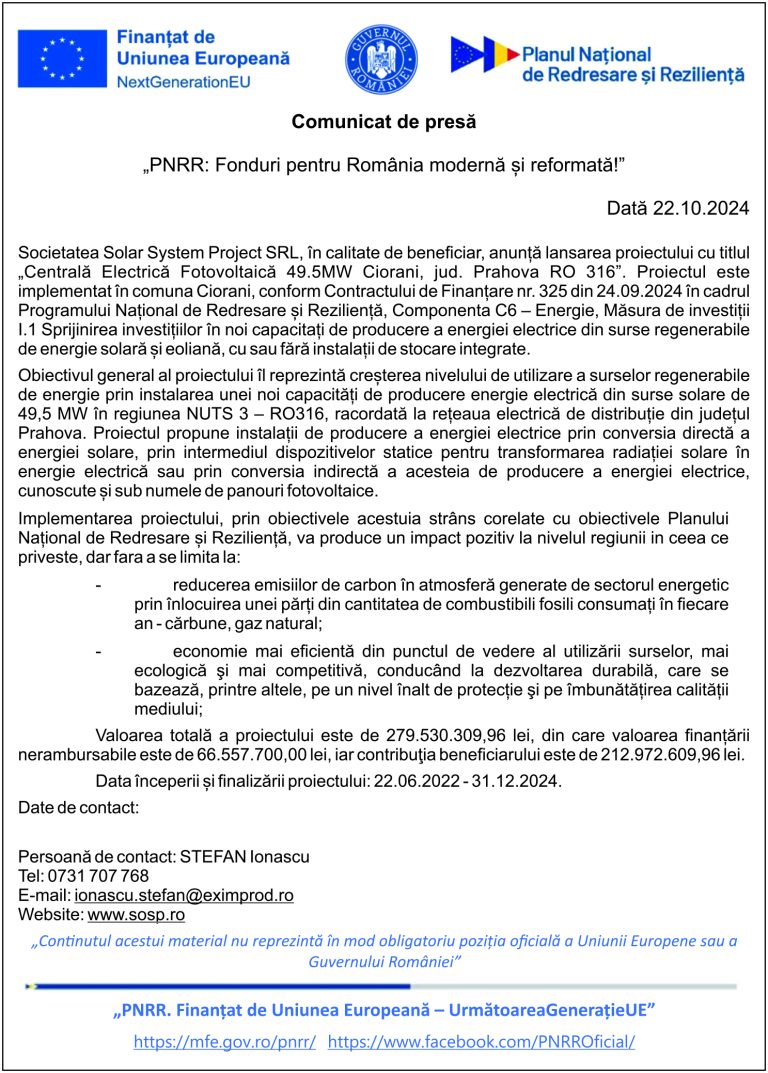 Comunicat de presă – Solar System Project SRL