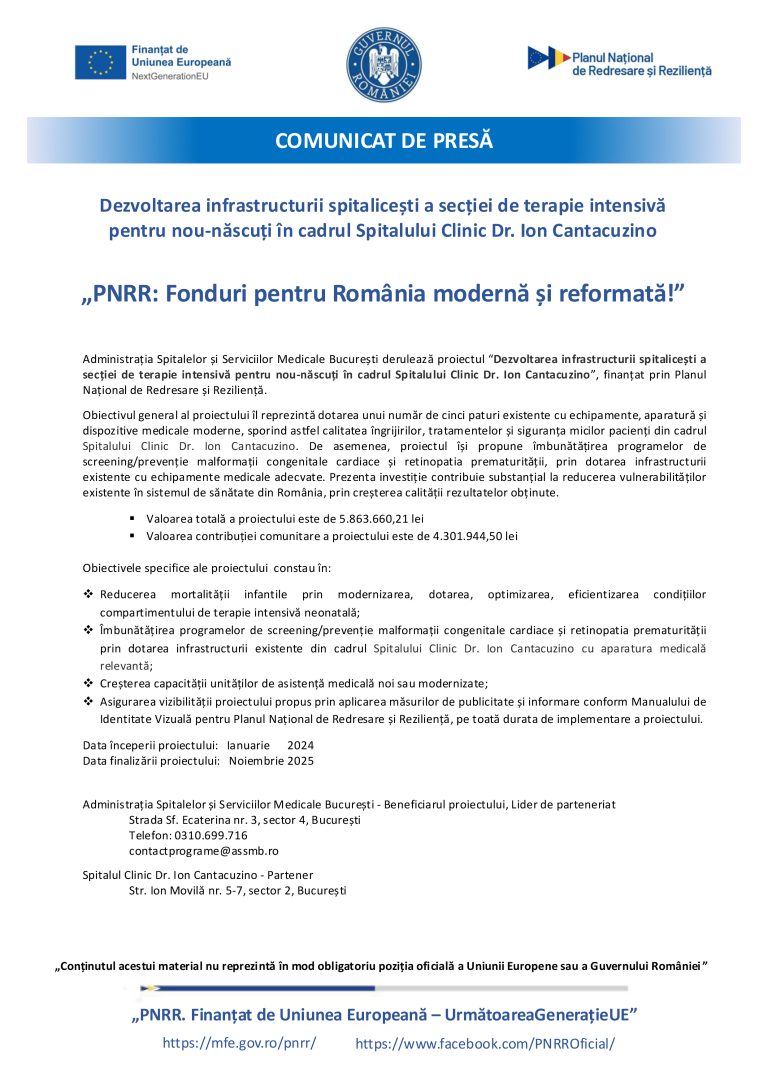 Comunicat de presă Spitalul Clinic Dr. Ion Cantacuzino