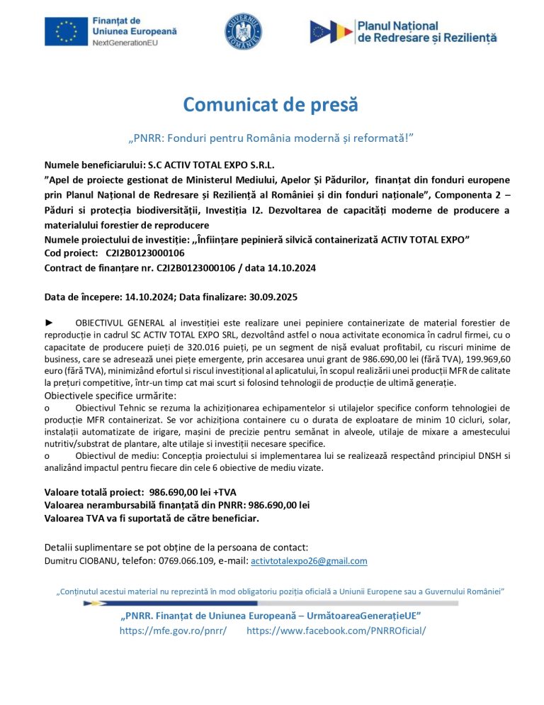 Comunicat de presă ACTIV TOTAL EXPO SRL