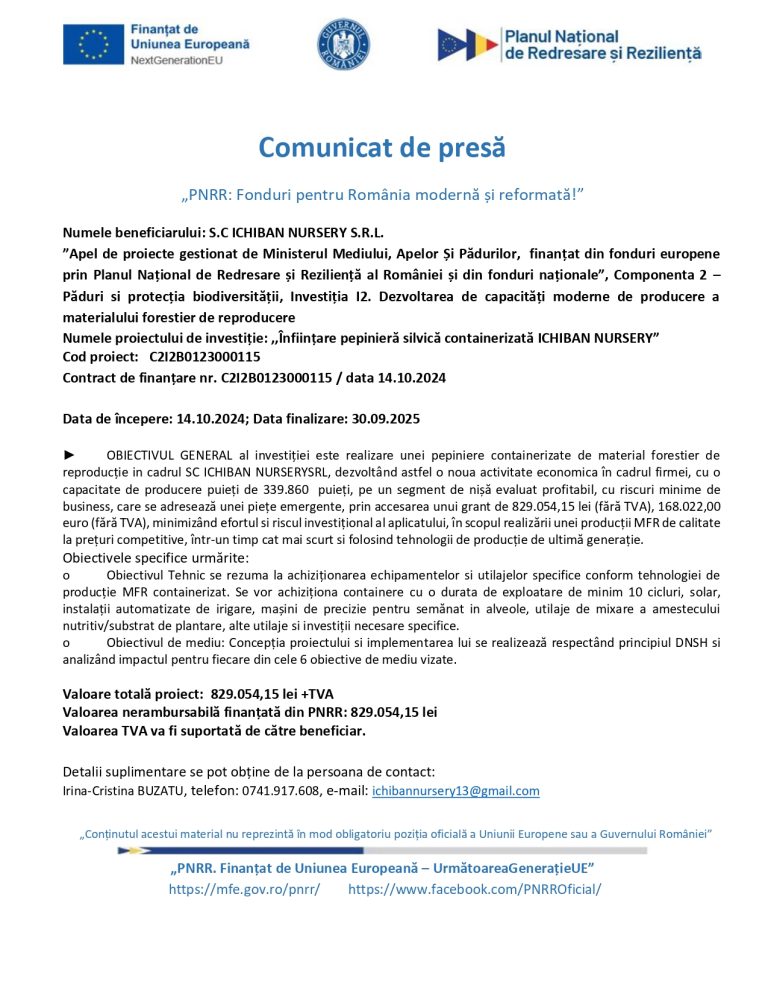 Comunicat de presă ICHIBAN NURSERY SRL