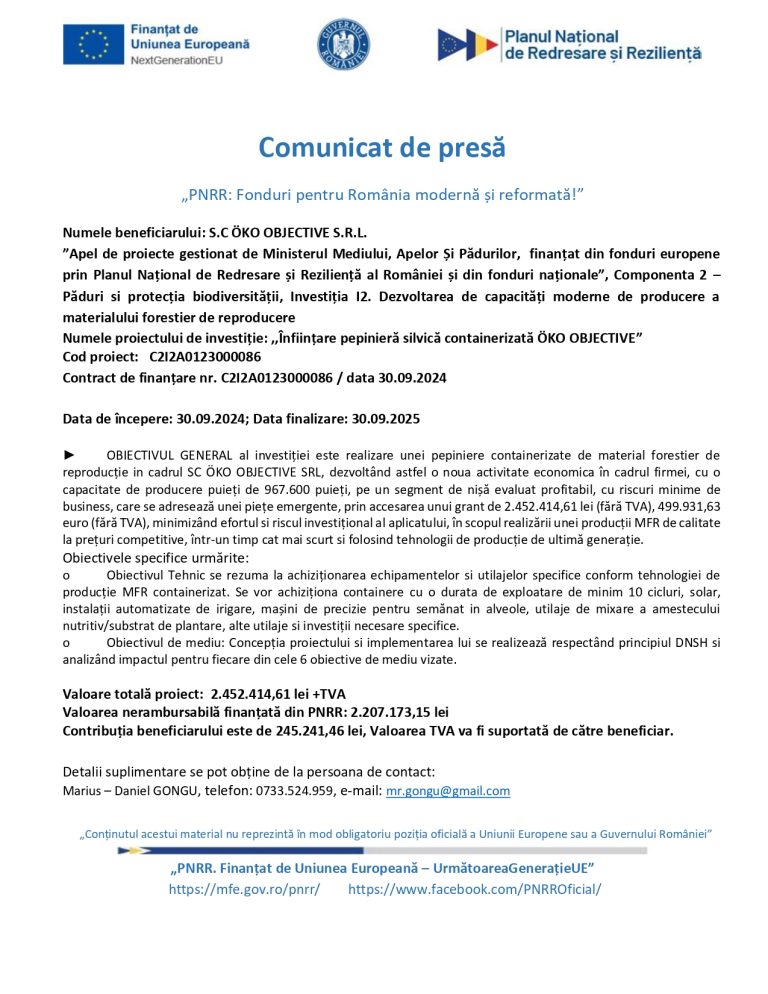 Comunicat de presă OKO OBJECTIVE SRL