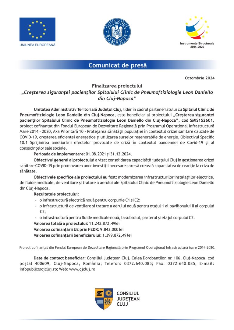 Comunicat de presă Unitatea Administrativ Teritorială Județul Cluj