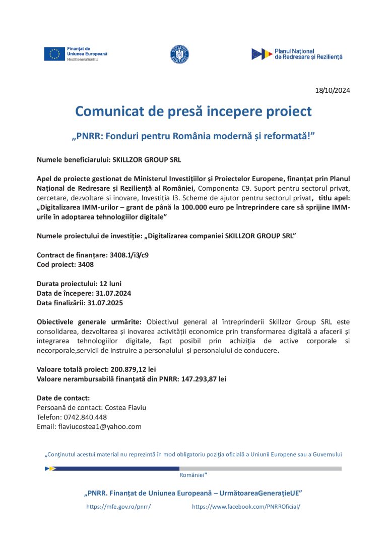 Comunicat de presă SKILLZOR GROUP SRL
