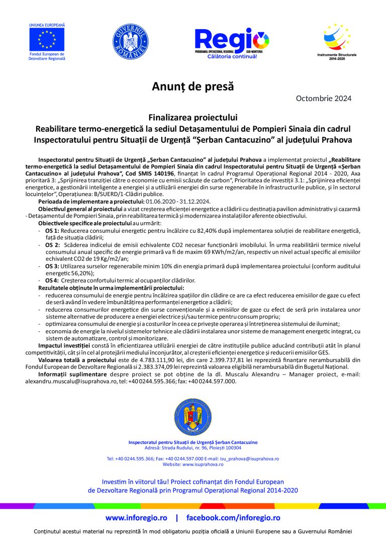 Comunicat de presă Inspectoratul pentru Situații de Urgență „Șerban Cantacuzino”