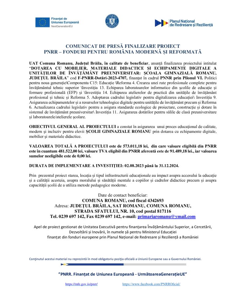 Comunicat de presă UAT Comuna Romanu