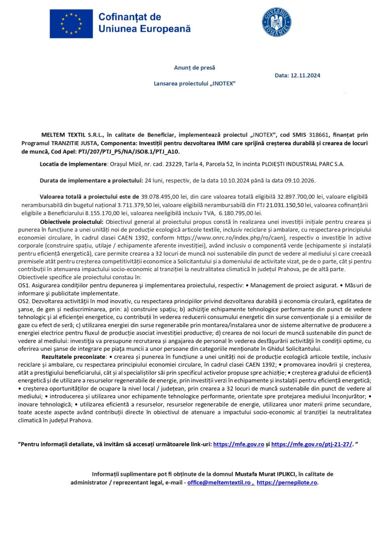 Comunicat de presă MELTEM TEXTIL SRL