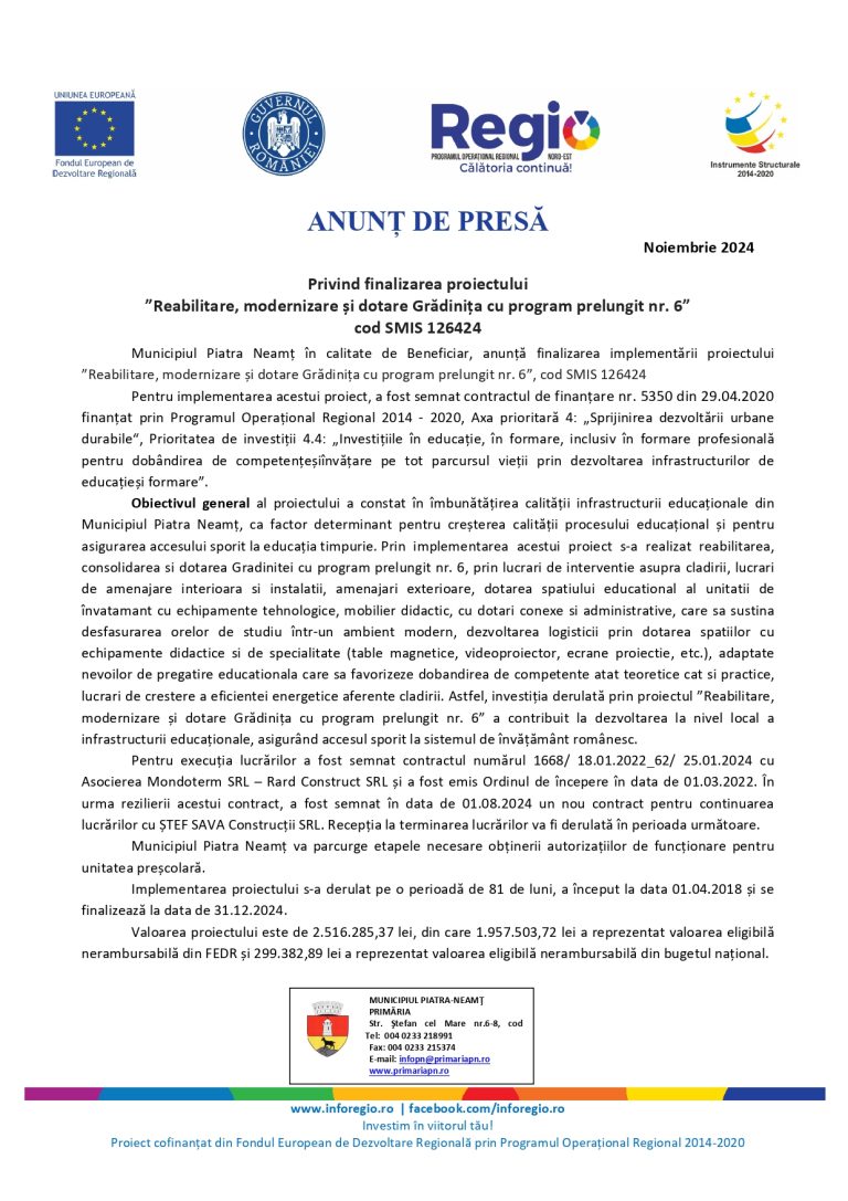 Comunicat de presă Unitatea Administrativ Teritorială Municipiul Piatra-Neamț