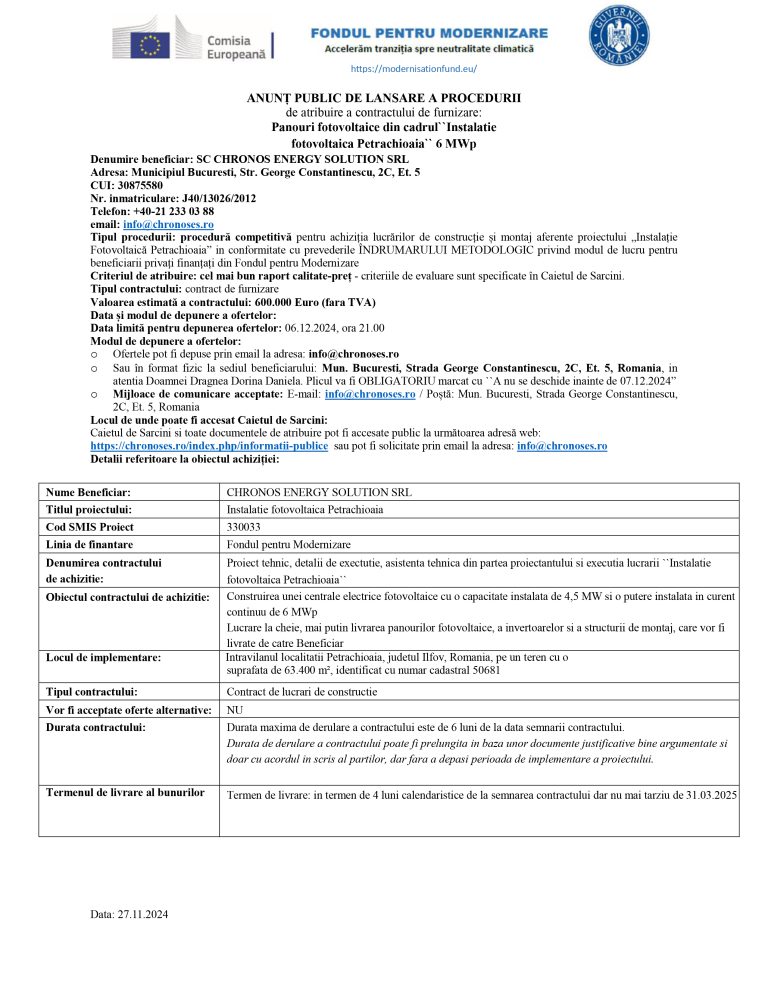 Comunicat de presă SC CHRONOS ENERGY SOLUTION SRL