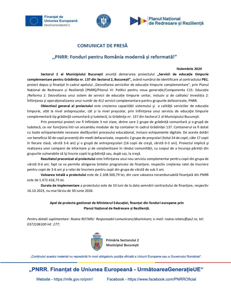 Comunicat de presă Sectorul 2 al Municipiului București