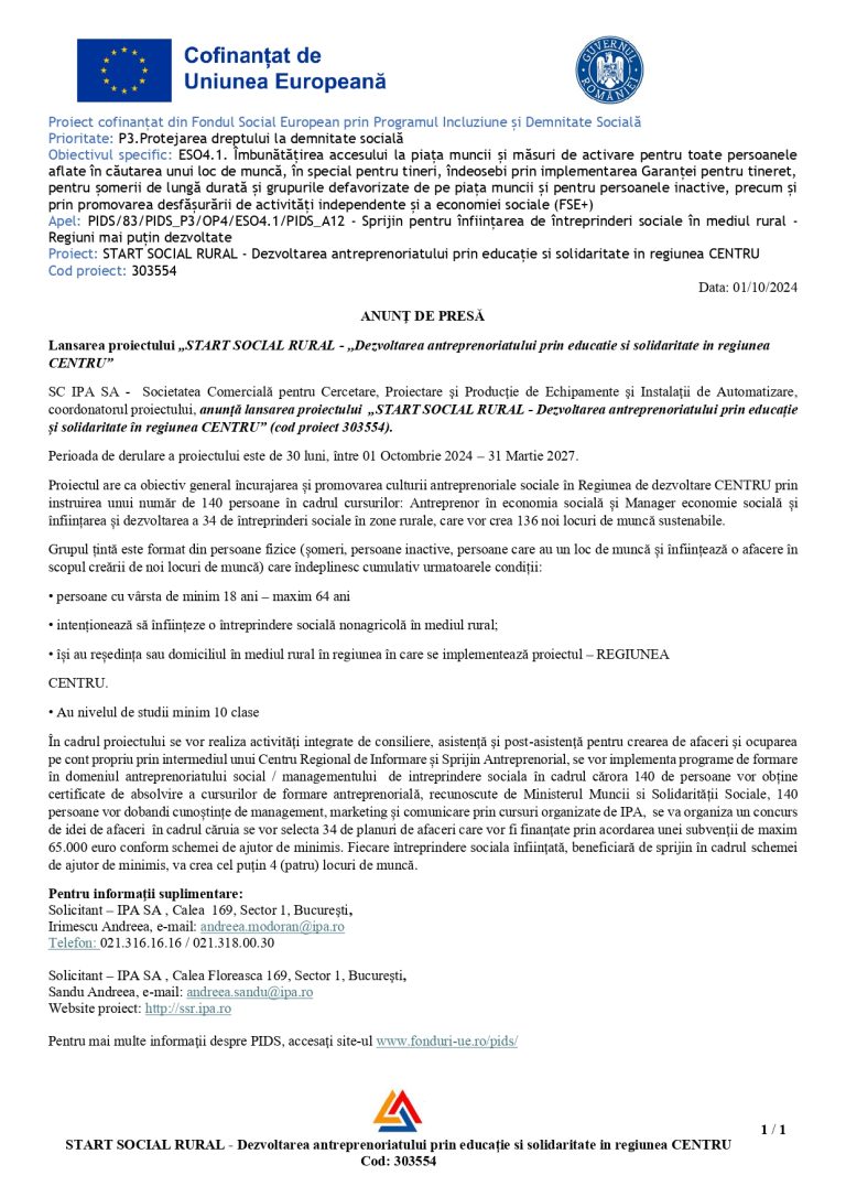 Comunicat de presă IPA SA