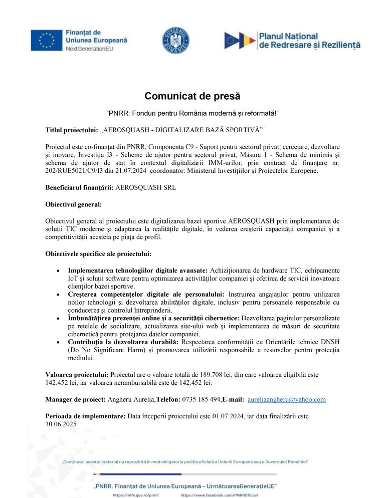 Comunicat de presă AEROSQUASH SRL
