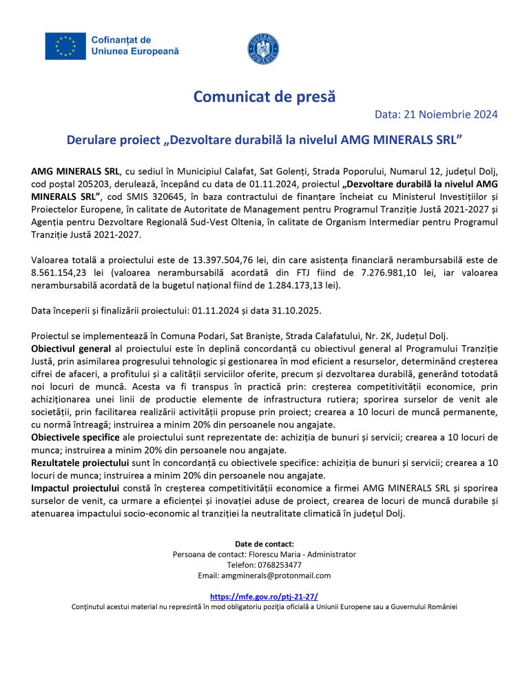 Comunicat de presă AMG MINERALS SRL