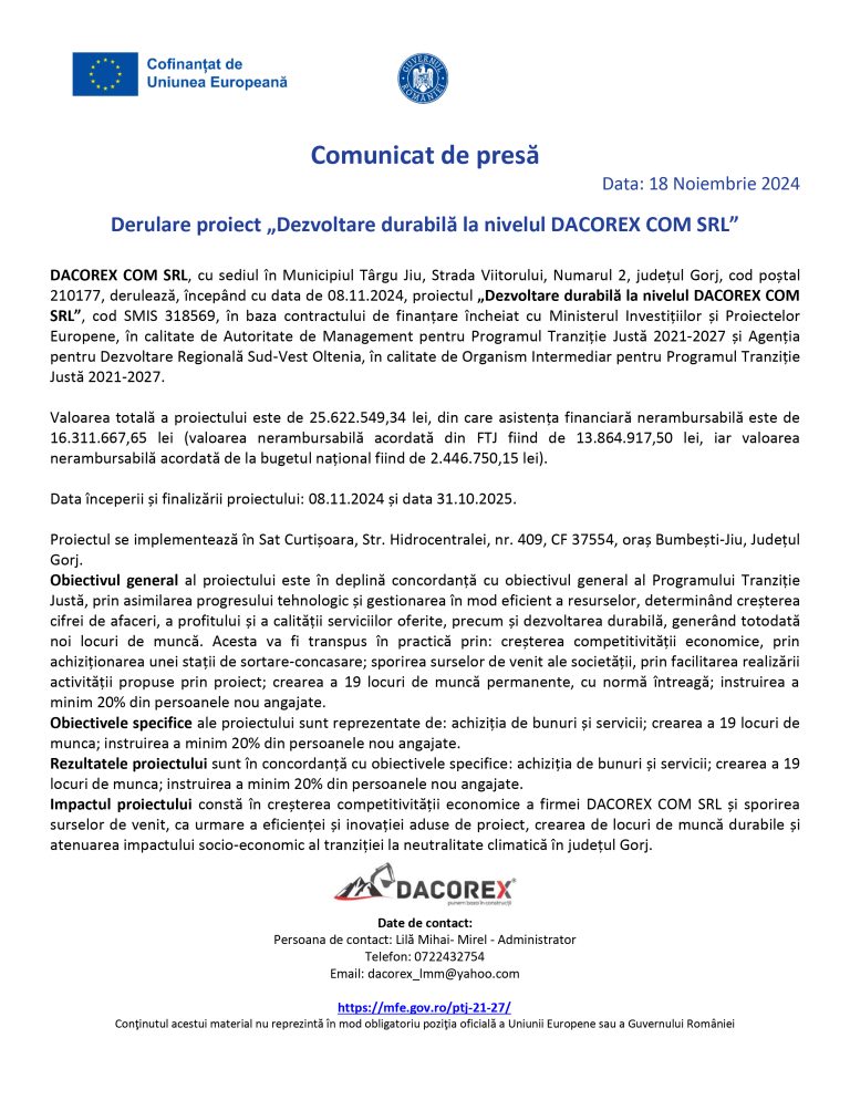 Comunicat de presă DACOREX COM SRL