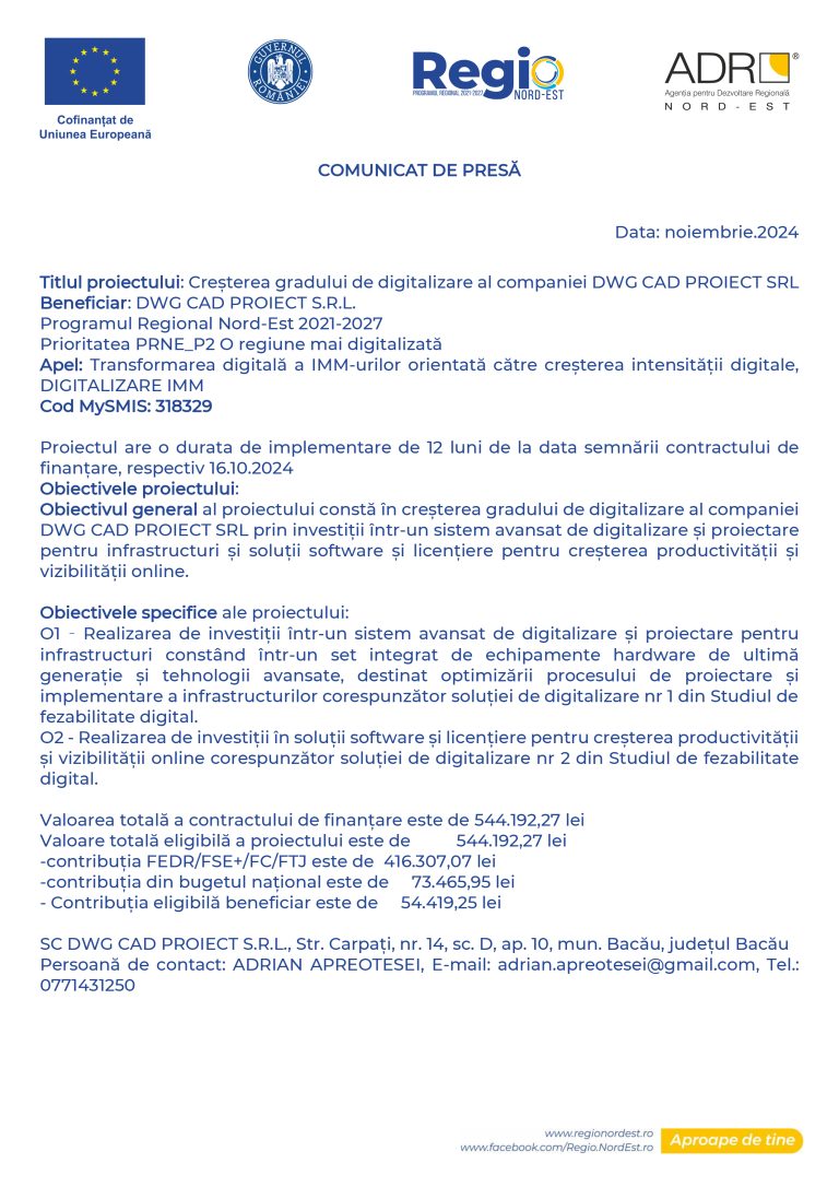 Comunicat de presă DWG CAD PROIECT S.R.L.