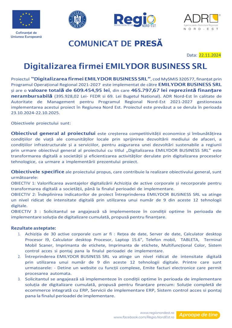 Comunicat de presă EMILYDOR BUSINESS SRL