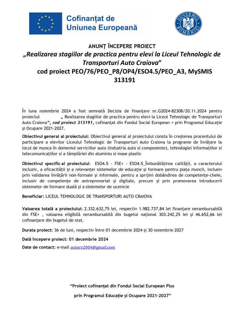 Comunicat de presă Liceul Tehnologic de Transporturi Auto Craiova