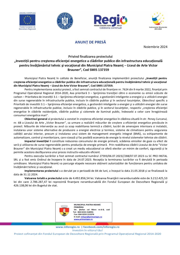 Comunicat de presă Municipiul Piatra Neamț