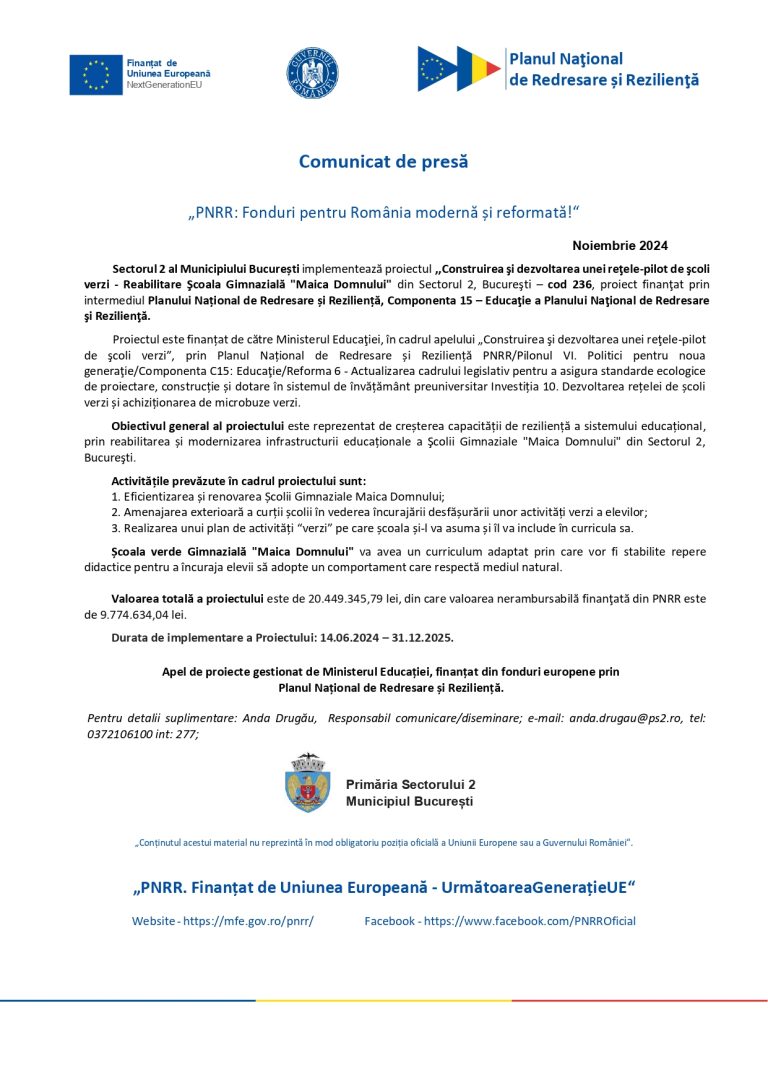 Comunicat de presă Sectorul 2 al Municipiului București