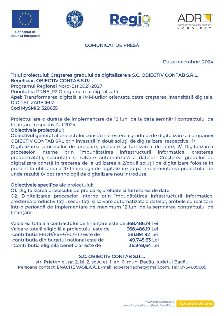 Comunicat de presă OBIECTIV CONTAB S.R.L.