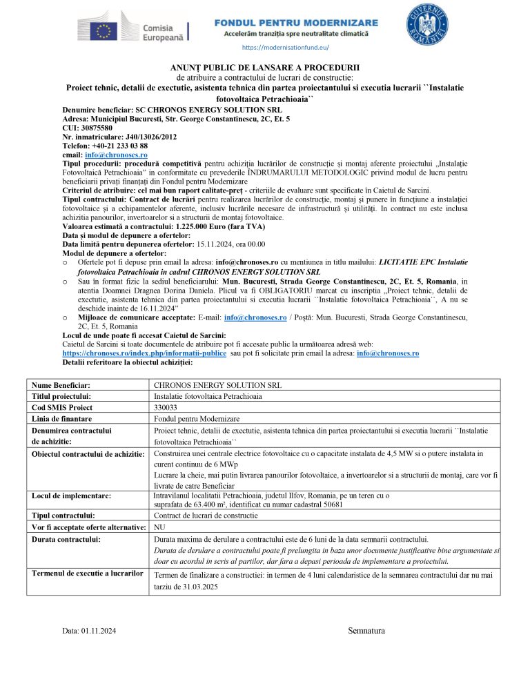 Comunicat de presă SC CHRONOS ENERGY SOLUTION SRL