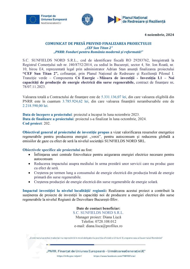 Comunicat de presă S.C. SUNFIELDS NORD S.R.L.