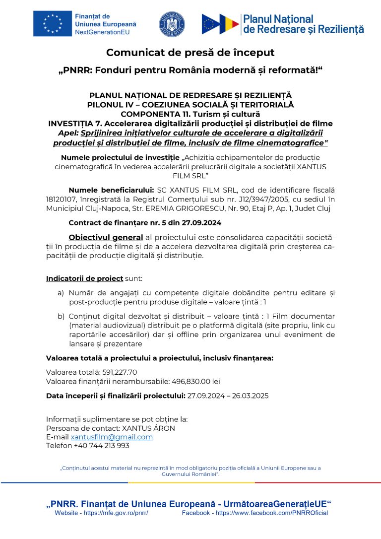 Comunicat de presă SC XANTUS FILM SRL