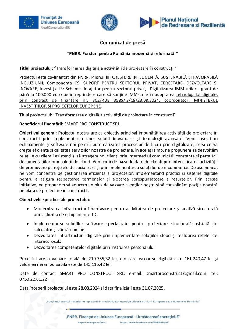 Comunicat de presă SMART PRO CONSTRUCT SRL
