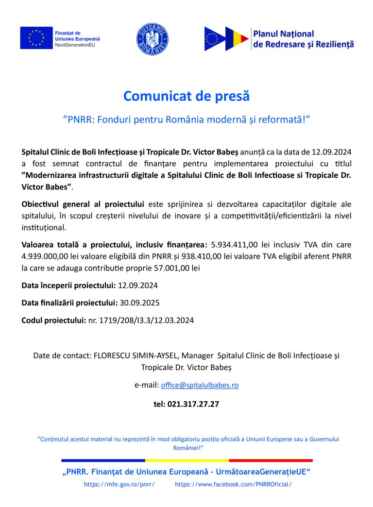 Comunicat de presă Spitalul Clinic de Boli Infectioase si Tropicale Dr. Victor Babes