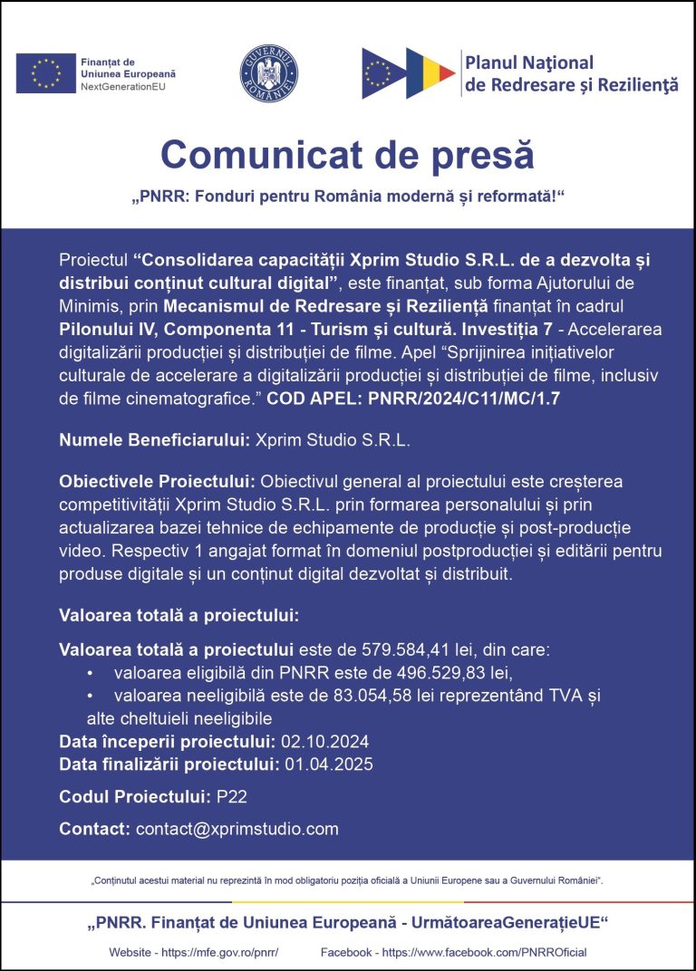 Comunicat de presă XPRIM STUDIO SRL