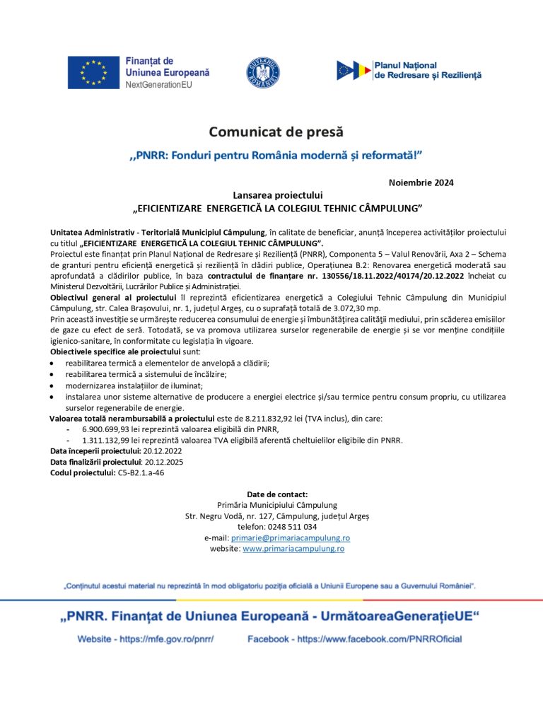Comunicat de presă Unitatea Administrativ-Teritorială Municipiul Câmpulung