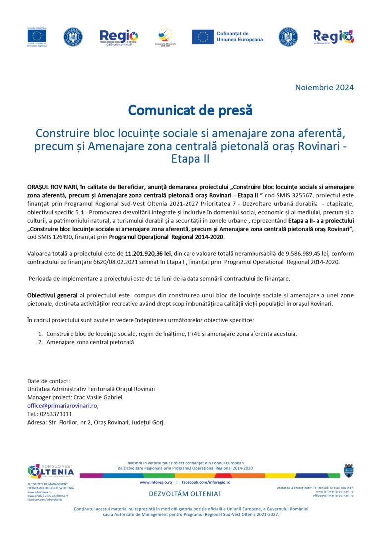 Comunicat de presă Orașul Rovinari