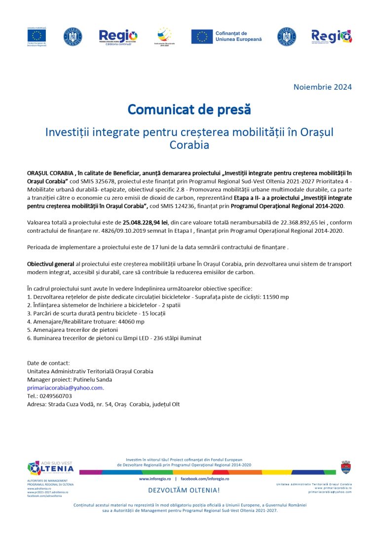 Comunicat de presă Orașul Corabia