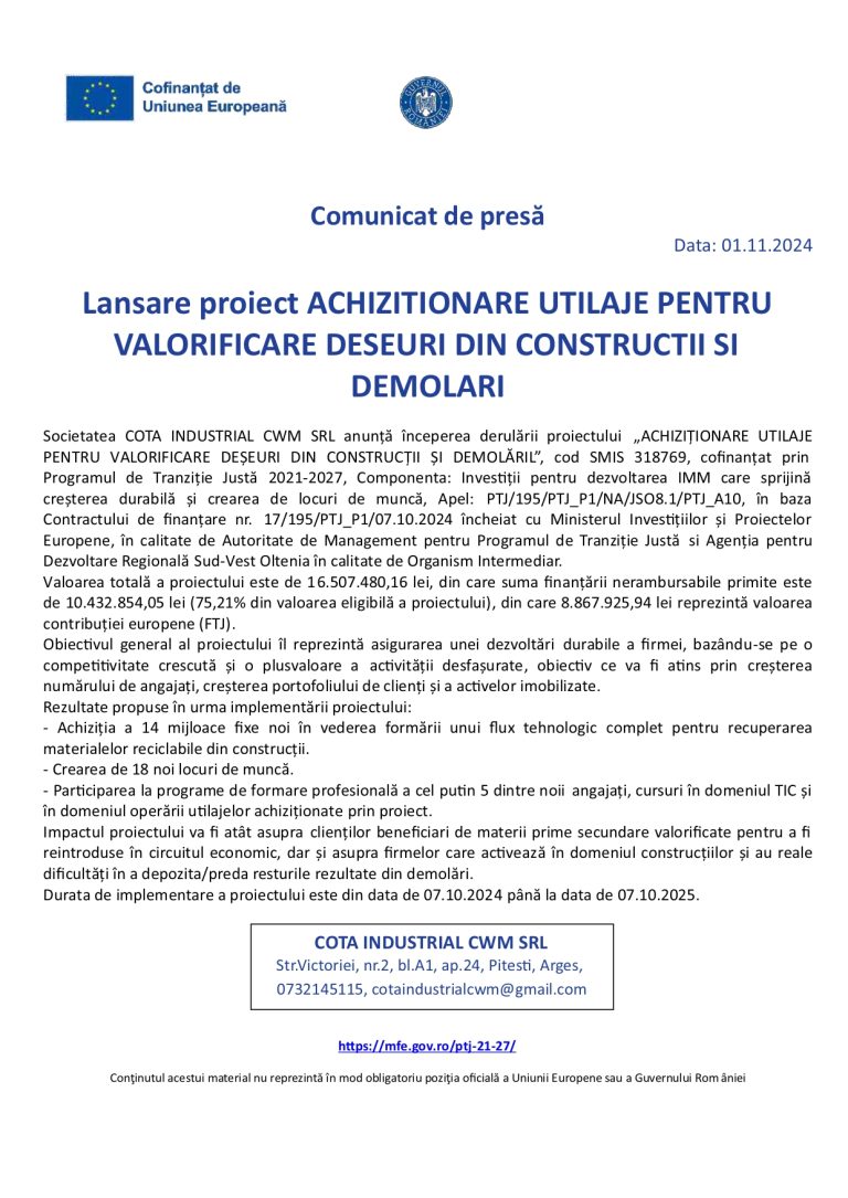 Comunicat de presă COTA INDUSTRIAL CWM SRL