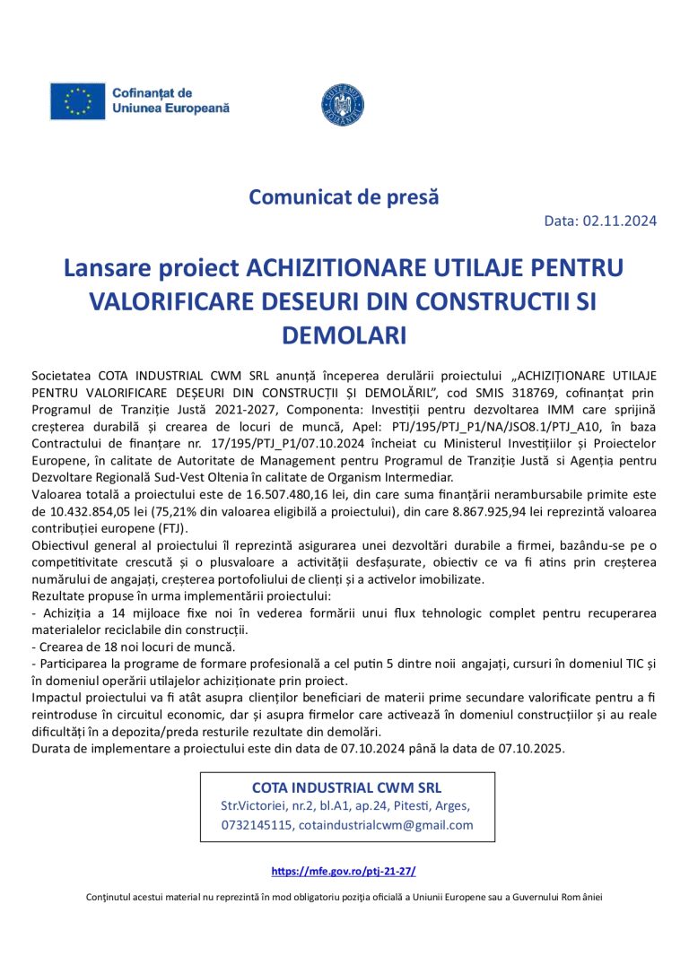 Comunicat de presă COTA INDUSTRIAL CWM SRL