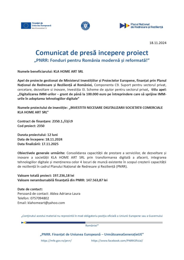 Comunicat de presă KLA HOME ART SRL