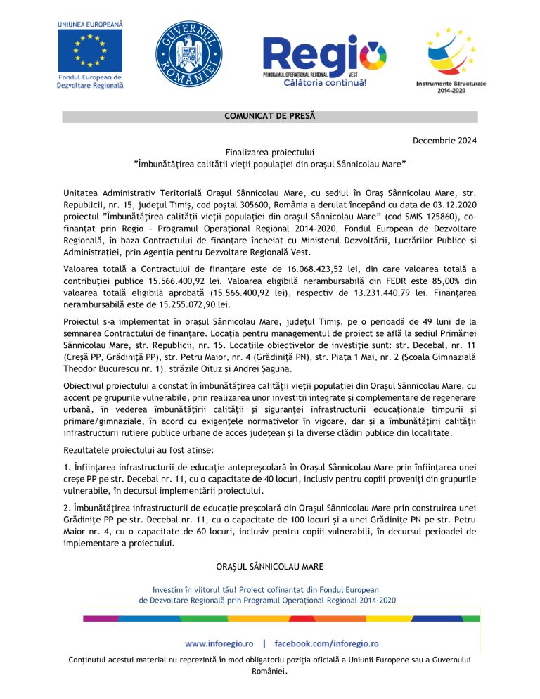 Comunicat de presă Unitatea Administrativ Teritorială Orașul Sânnicolau Mare